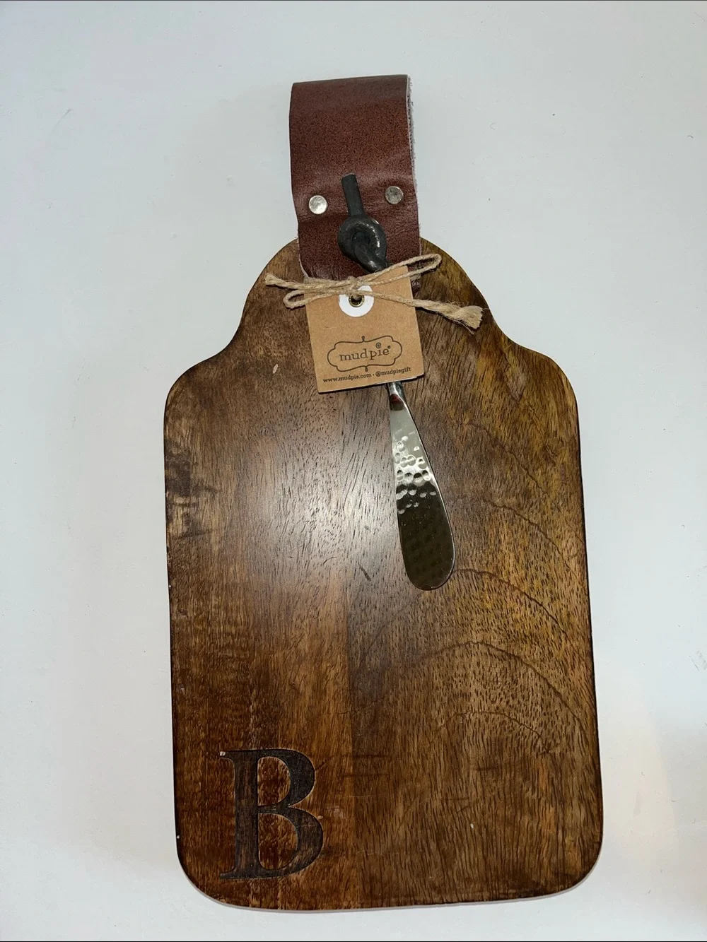Mud Pie Brown Wood Serving Board with Leather Strap and Spreader